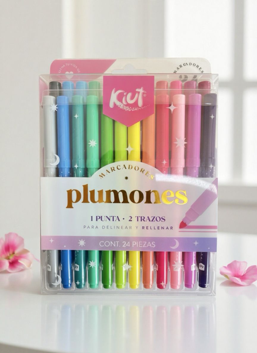 PLUMONES 1 PUNTA 2 TRAZOS PARA DELINEAR Y RELLENAR X24